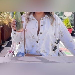 Zara White Floral Denim Jacket